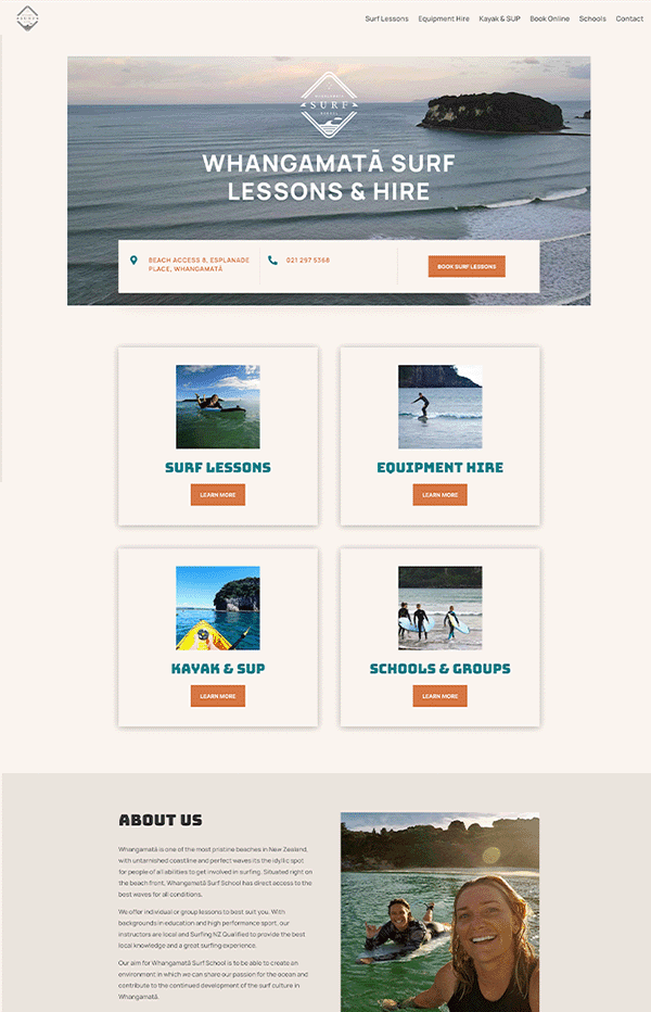 Website Design Whangamata Surf School Homepage