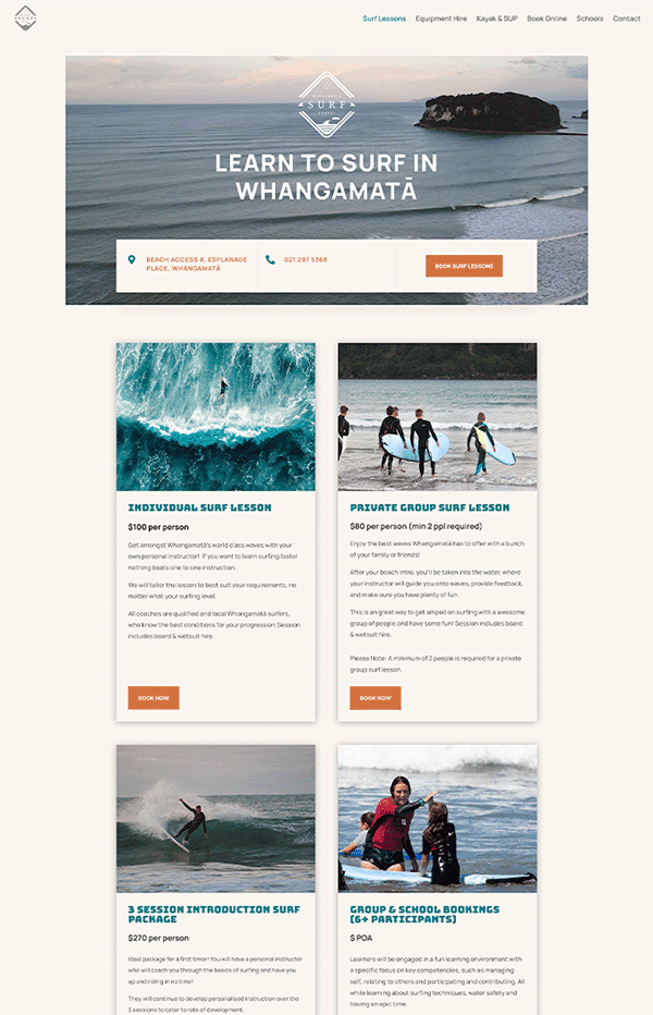 Whangamata Surf School Booking Website Design